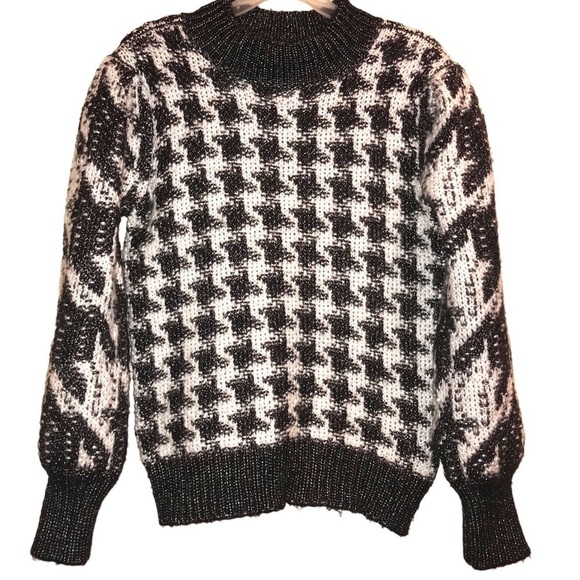 Calvin Klein Knit Sweater Houndstooth Pattern Black White Silver Woman’s Large - Picture 1 of 6